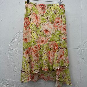 Y2K Pink and Green Floral Chiffon Ruffle Hem Asymmetrical Line Skirt